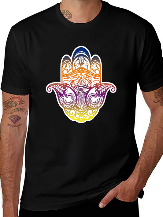 Camiseta Negra con Diseño Mano de Fátima Colorida