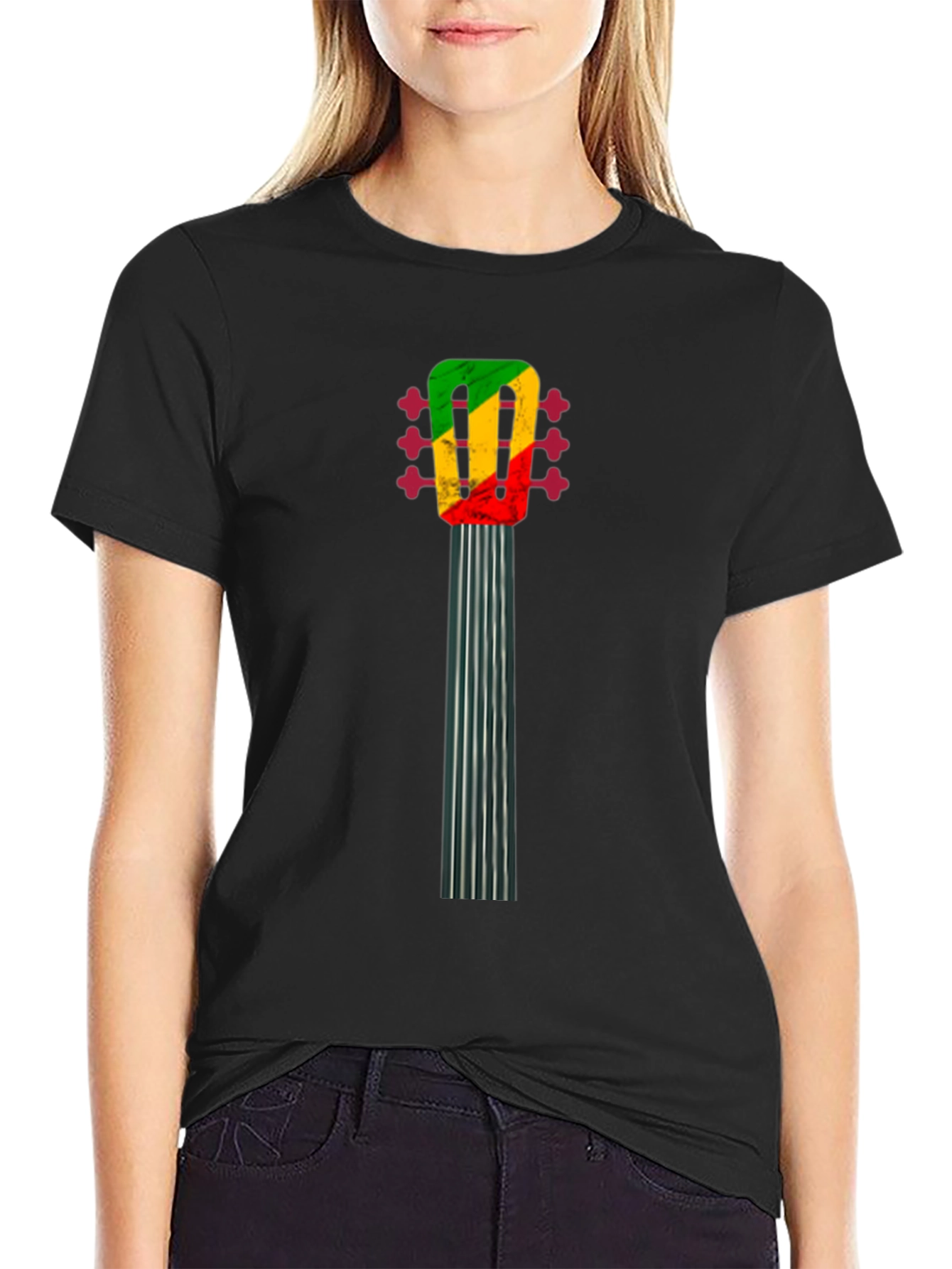 Camiseta Negra con Diseño de Guitarra Reggae