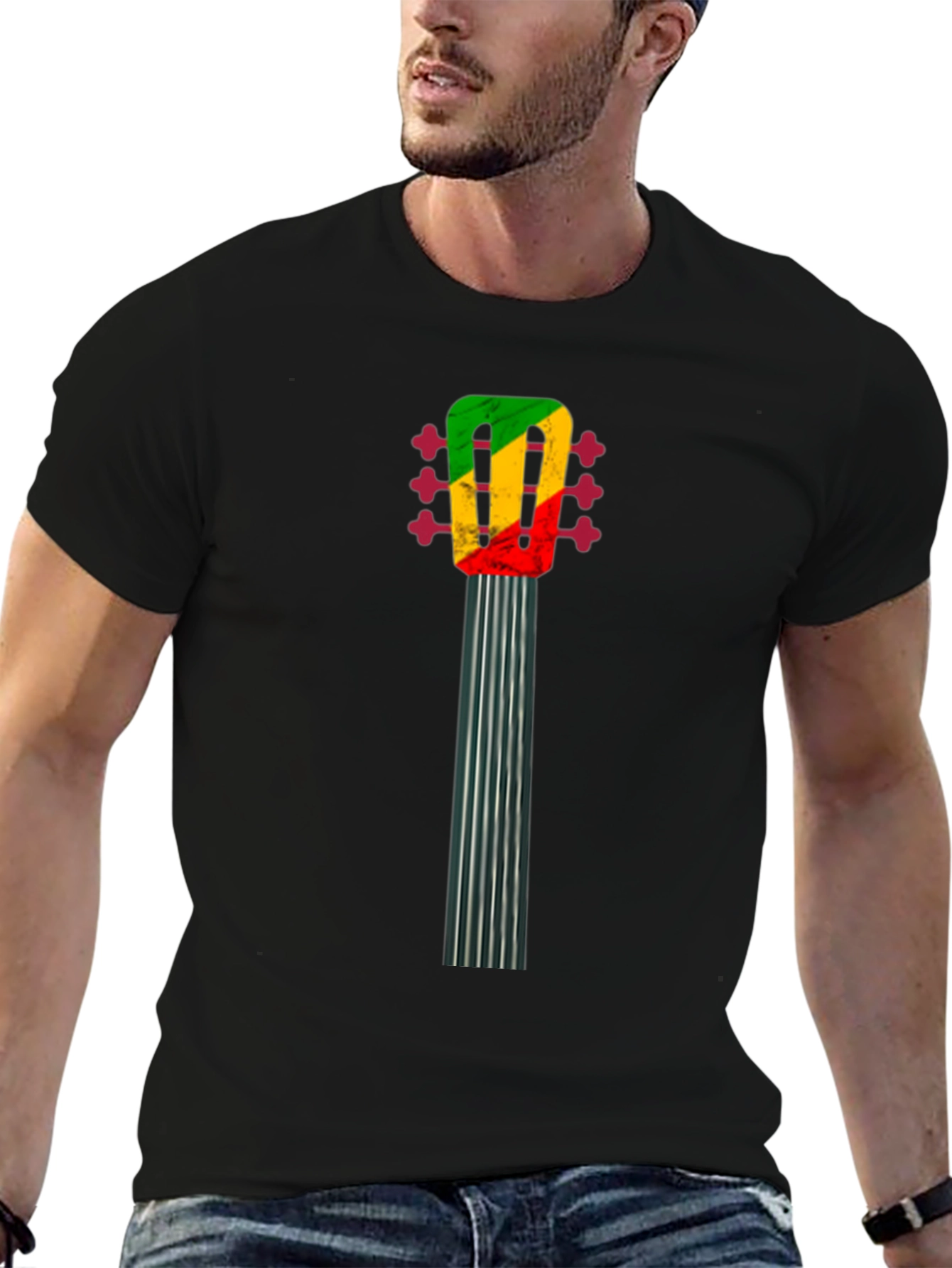 Camiseta Negra con Diseño de Guitarra Reggae