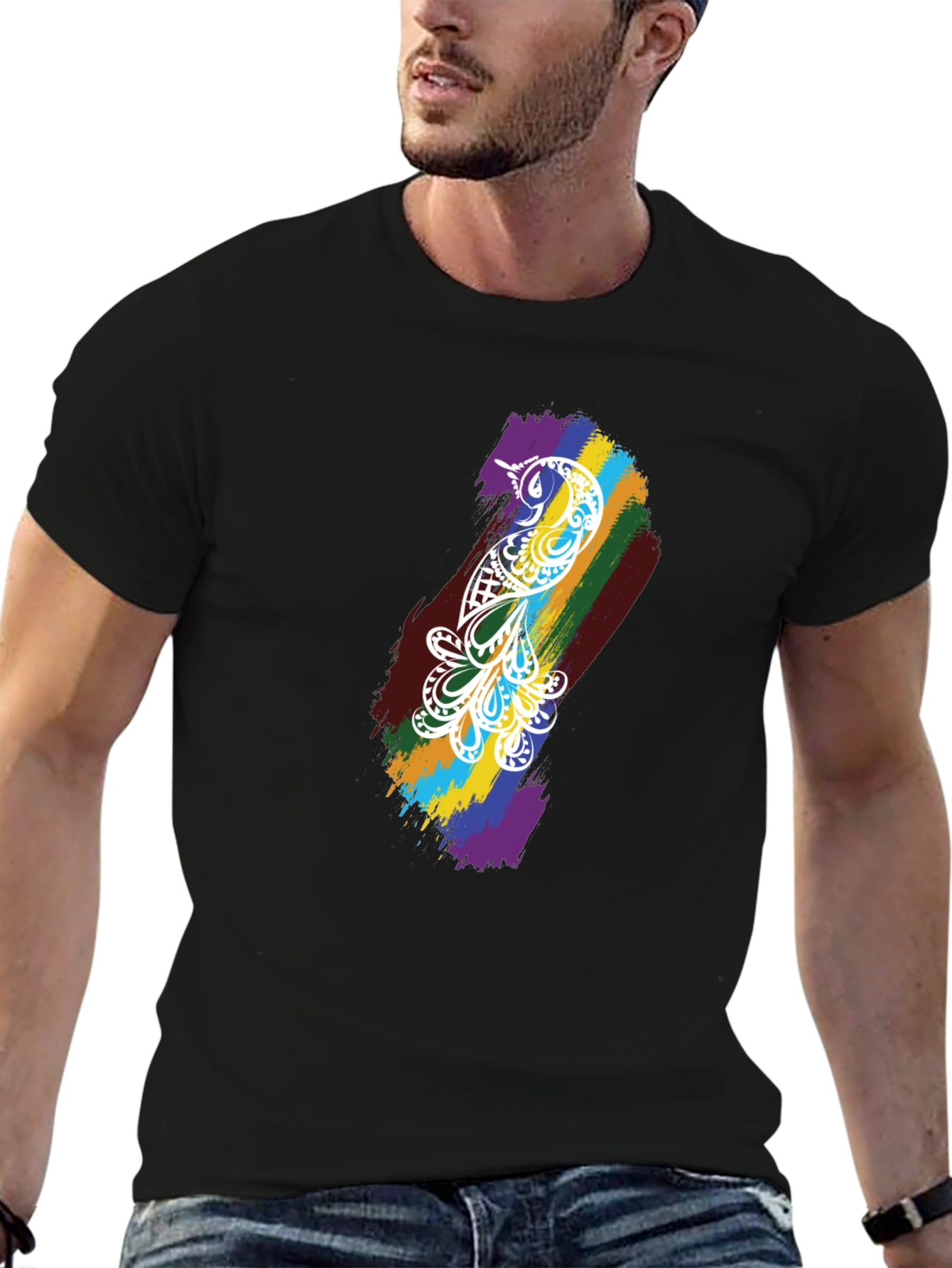 Camiseta Negra Hombre - Diseño Pájaro Arcoíris