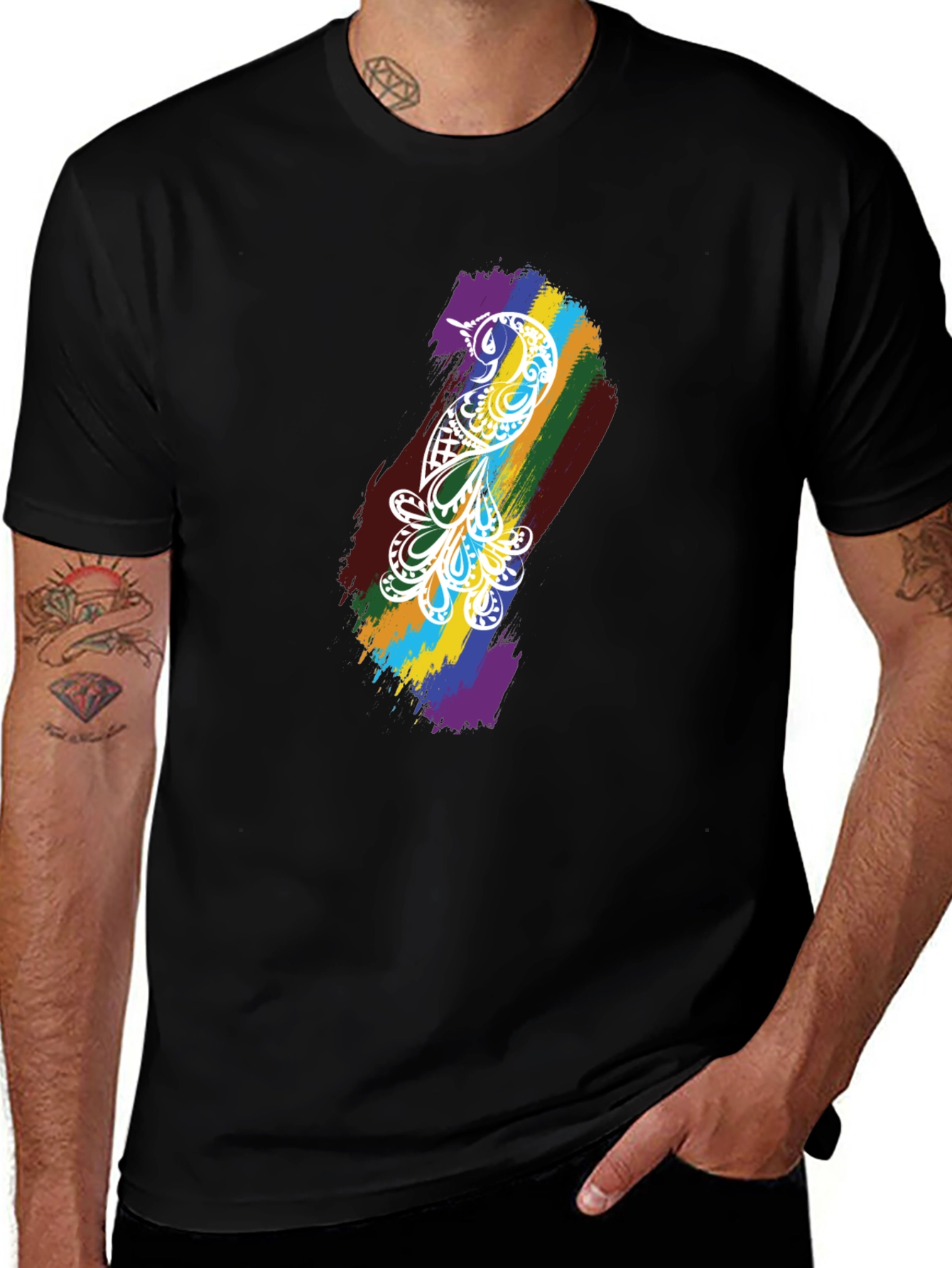 Camiseta Negra Hombre - Diseño Pájaro Arcoíris