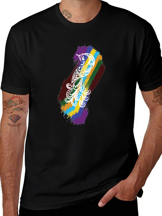 Camiseta Negra Hombre - Diseño Pájaro Arcoíris