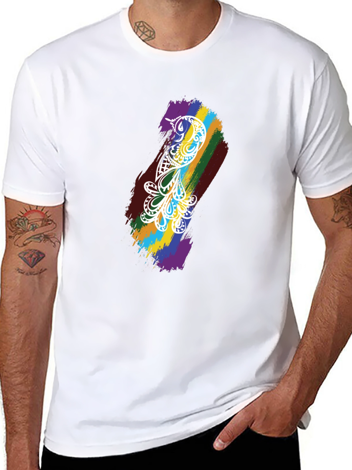 Camiseta Negra Hombre - Diseño Pájaro Arcoíris