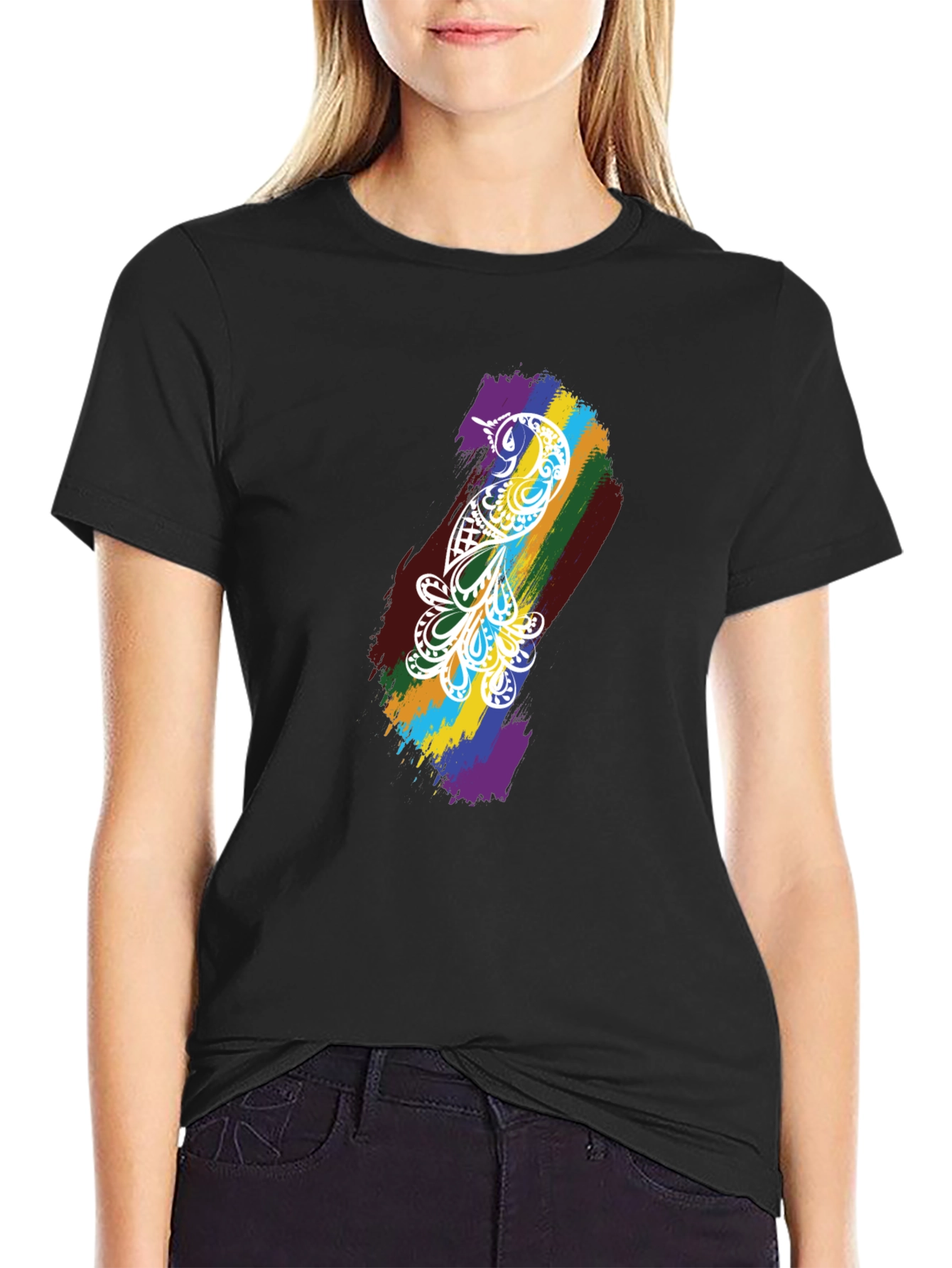 Camiseta Negra Hombre - Diseño Pájaro Arcoíris