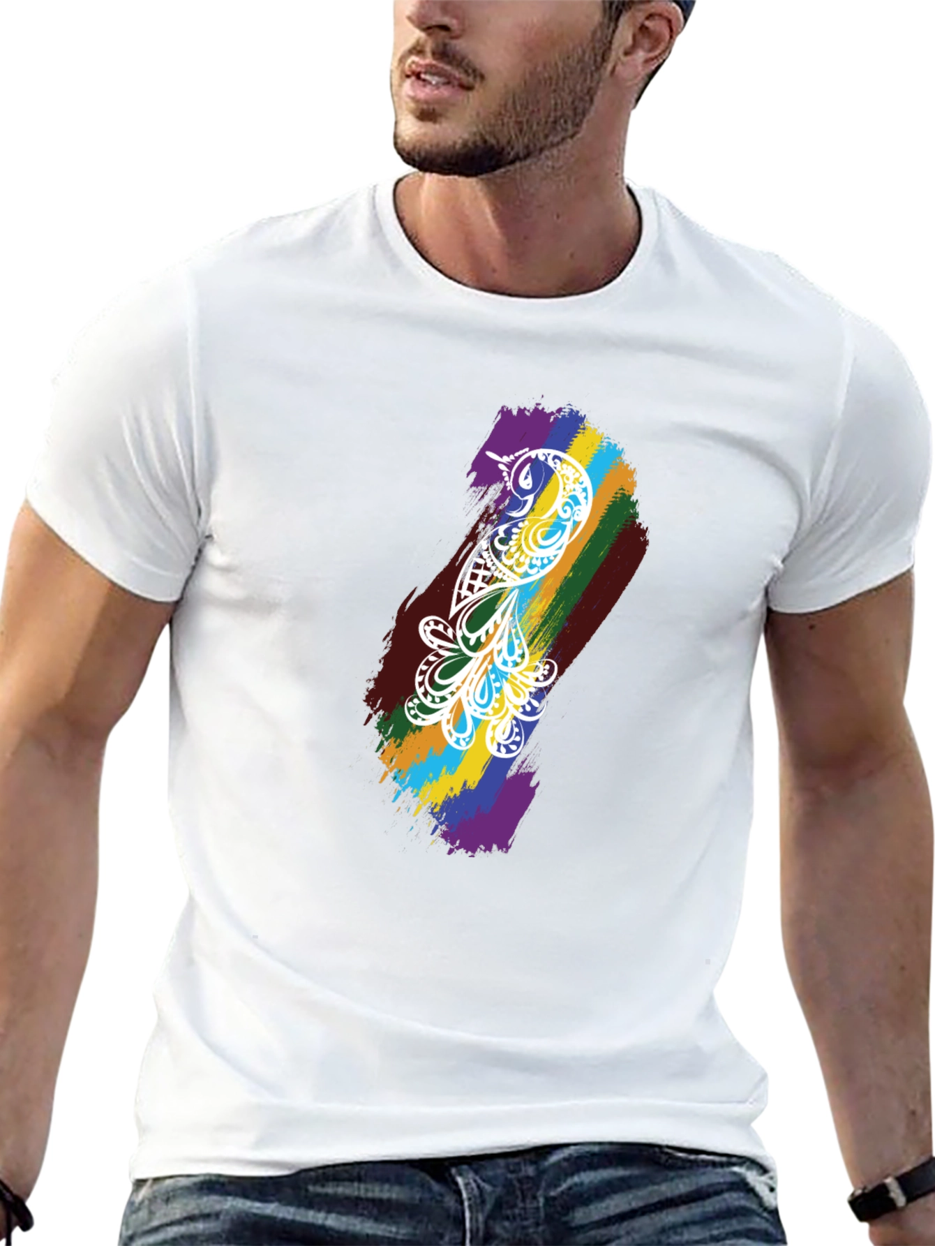 Camiseta Negra Hombre - Diseño Pájaro Arcoíris