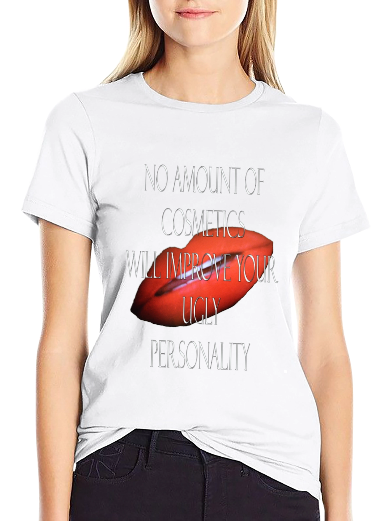Camiseta Negra con Diseño Labios Rojos y Frase