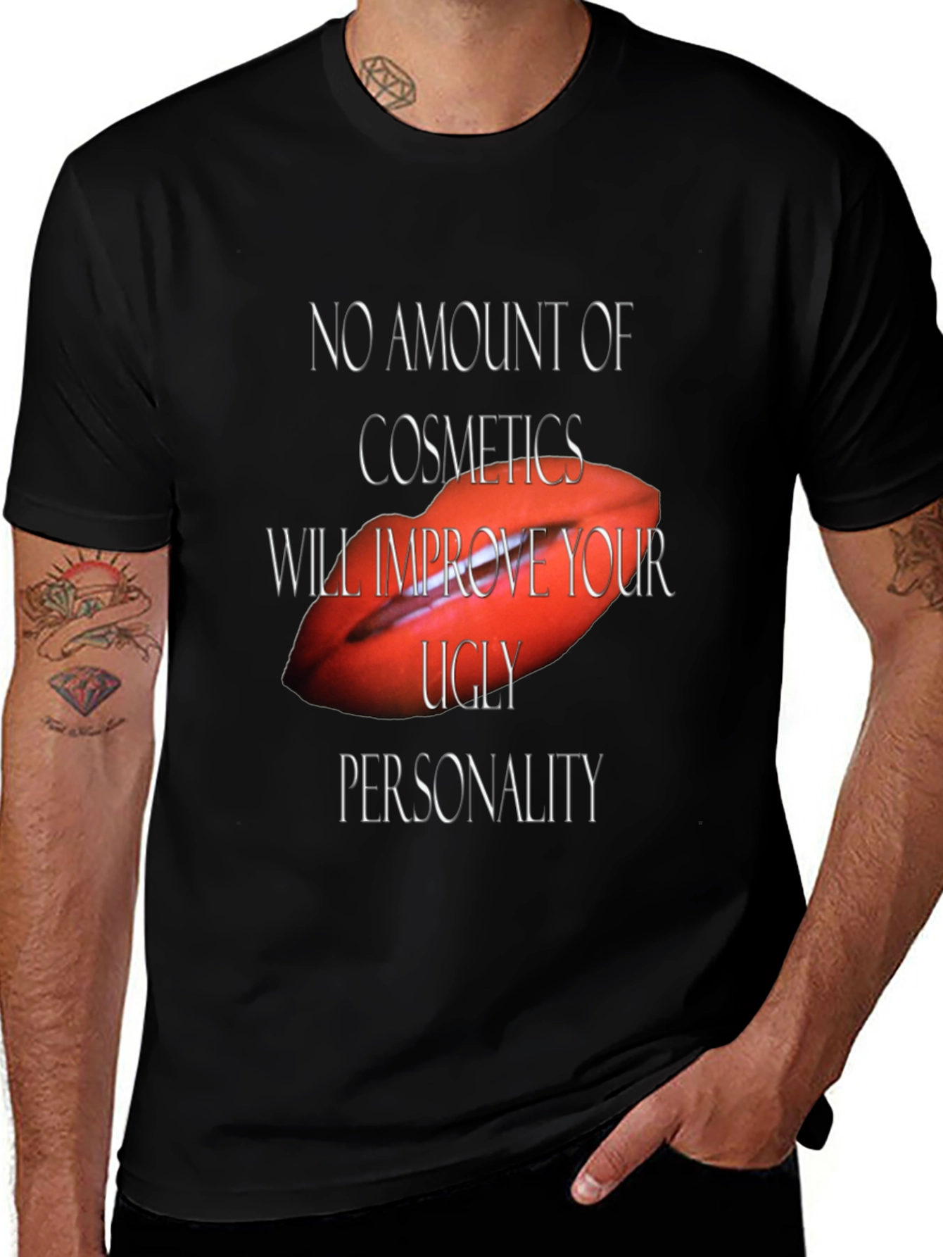 Camiseta Negra con Diseño Labios Rojos y Frase