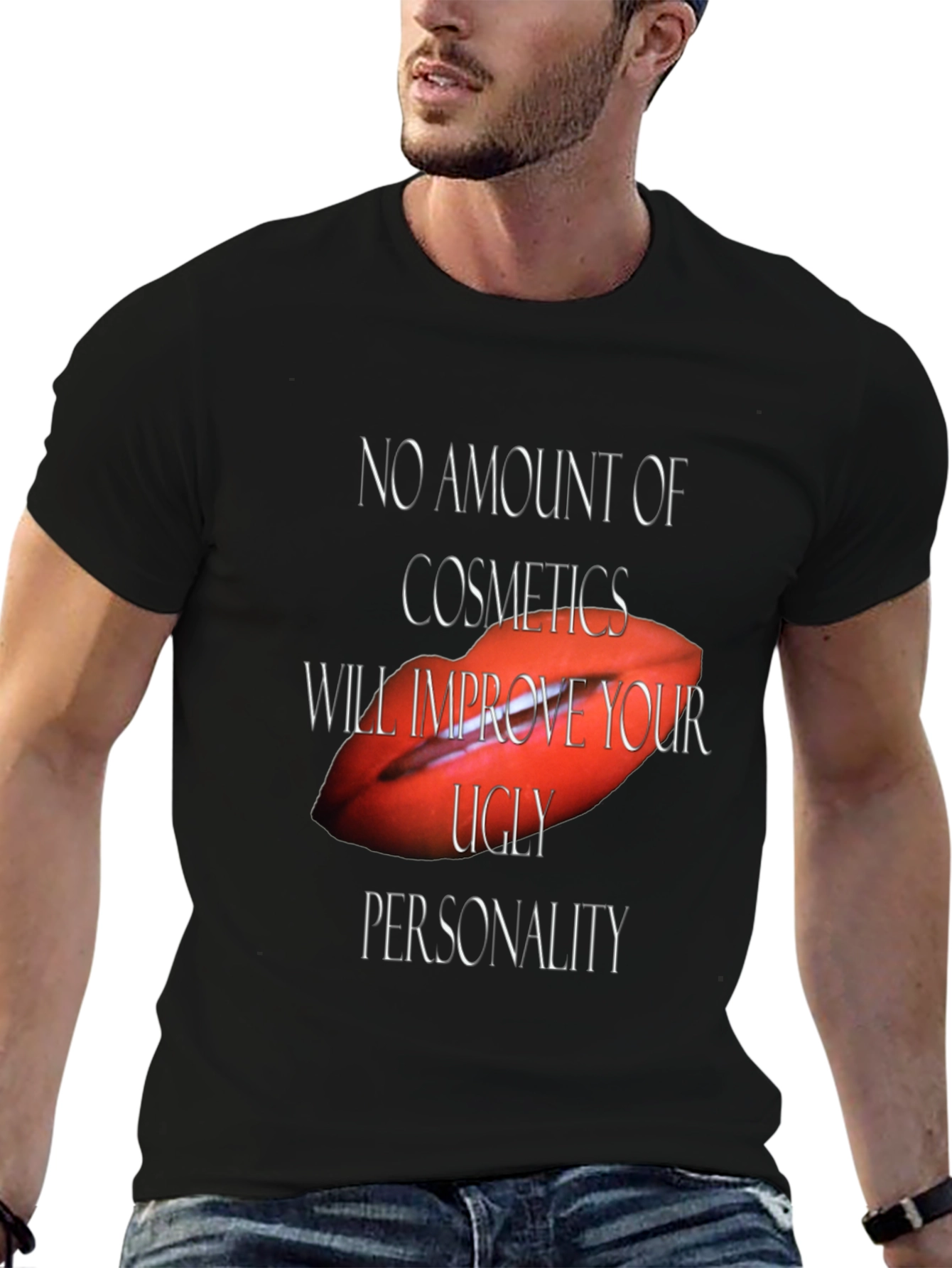 Camiseta Negra con Diseño Labios Rojos y Frase