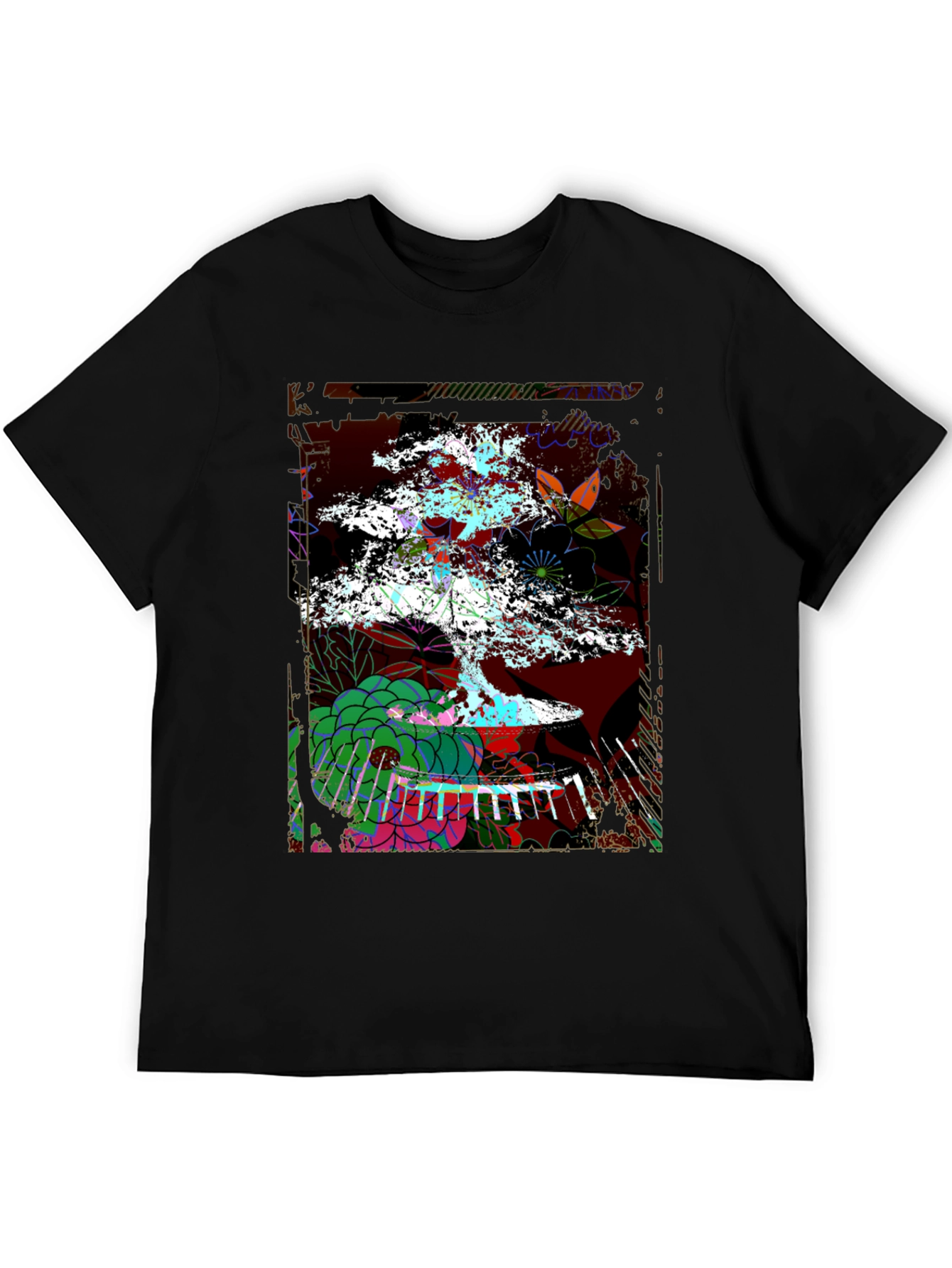 Camiseta Negra con Diseño de Bonsái Abstracto
