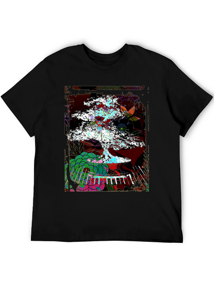 Camiseta Negra con Diseño de Bonsái Abstracto