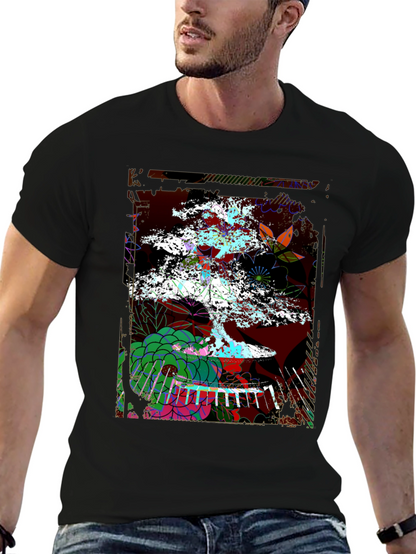 Camiseta Negra con Diseño de Bonsái Abstracto