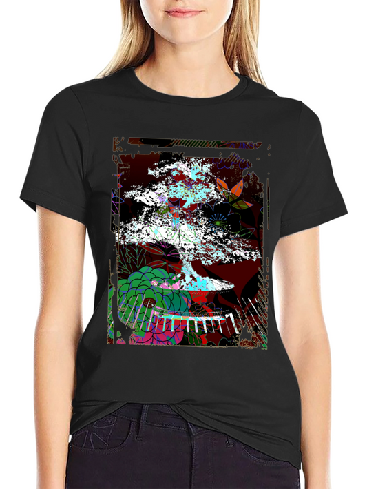 Camiseta Negra con Diseño de Bonsái Abstracto