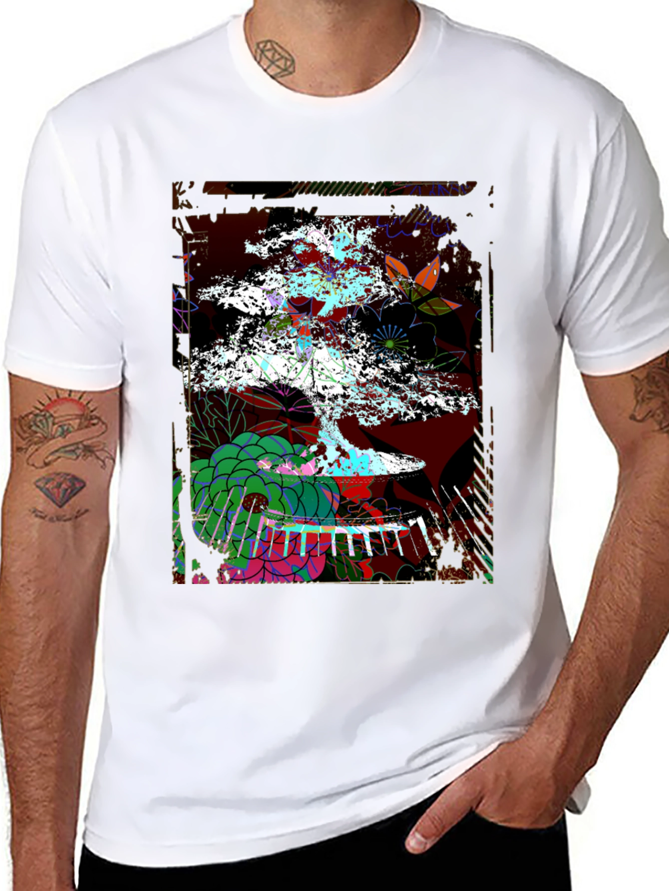 Camiseta Negra con Diseño de Bonsái Abstracto
