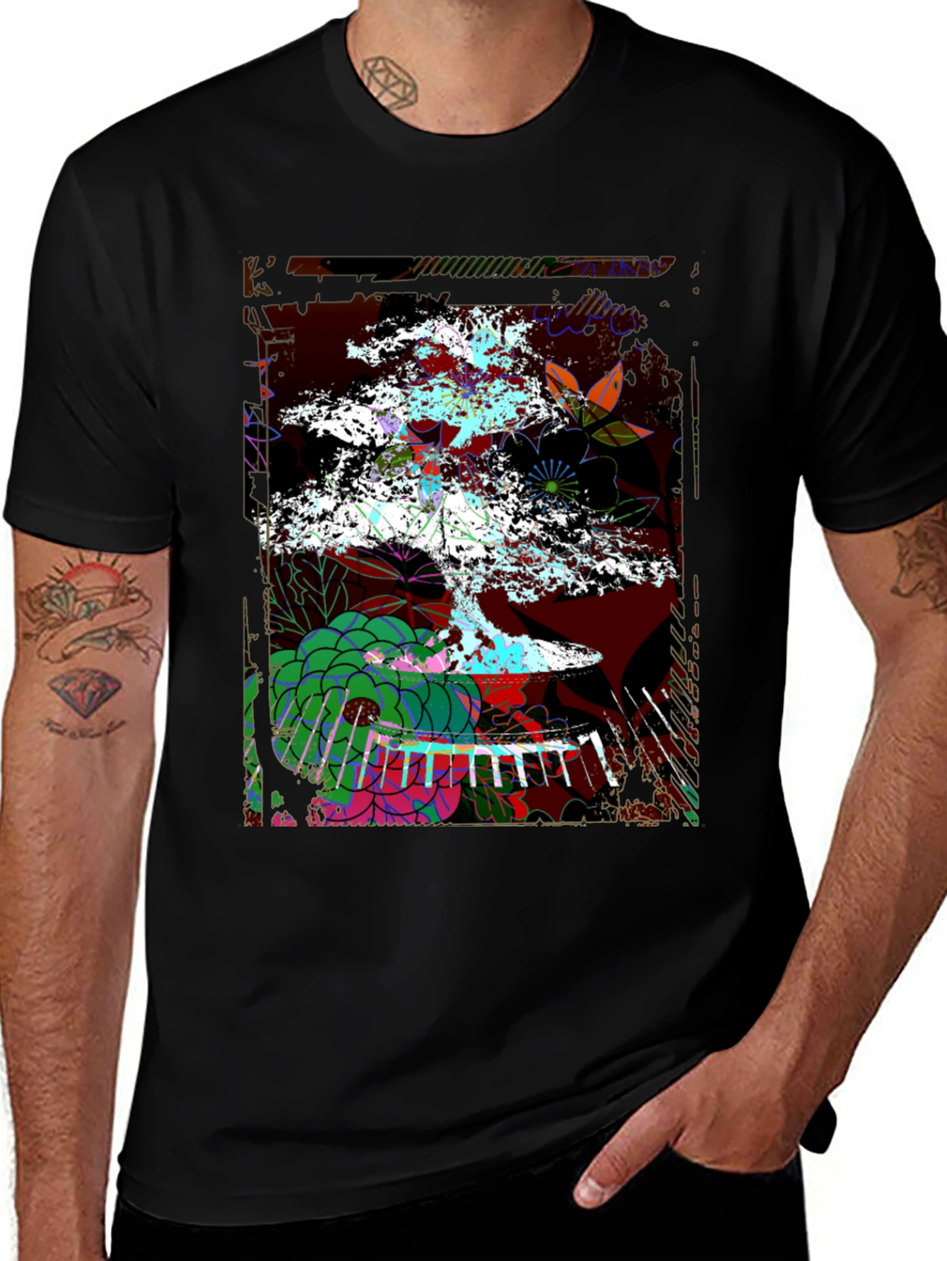Camiseta Negra con Diseño de Bonsái Abstracto