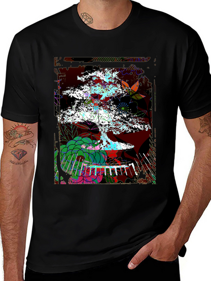 Camiseta Negra con Diseño de Bonsái Abstracto