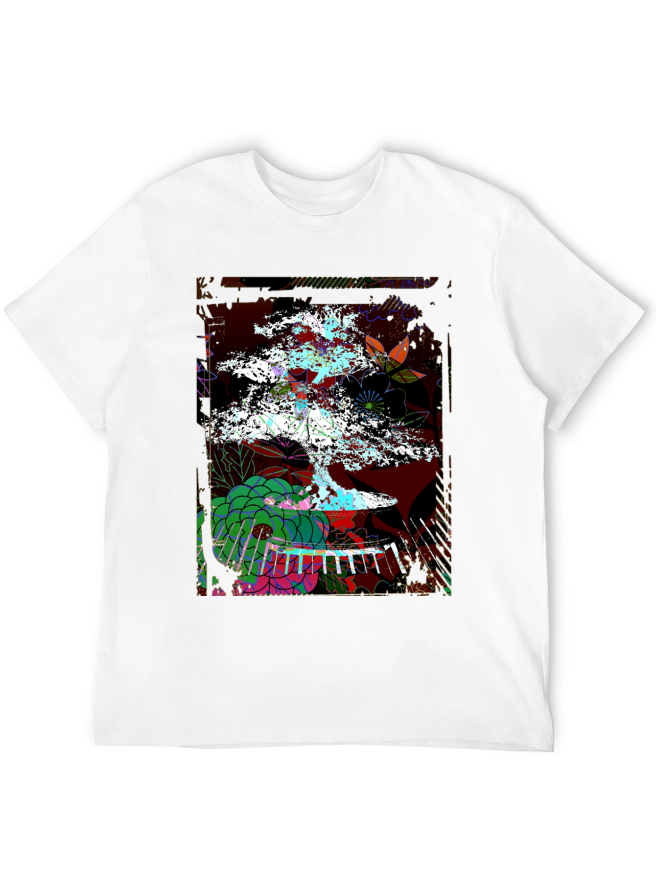 Camiseta Negra con Diseño de Bonsái Abstracto
