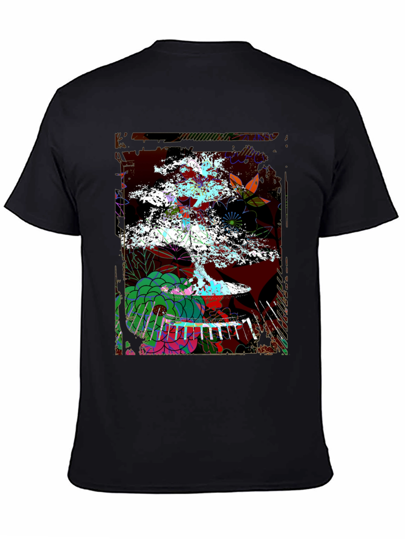 Camiseta Negra con Diseño de Bonsái Abstracto