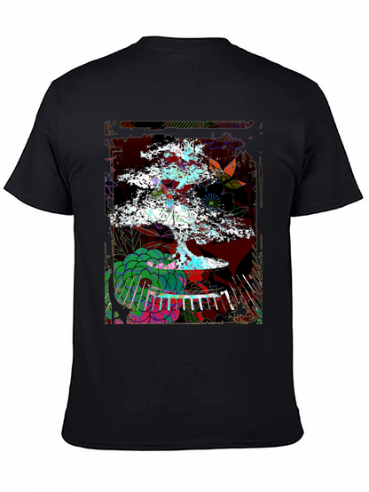 Camiseta Negra con Diseño de Bonsái Abstracto