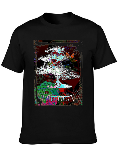 Camiseta Negra con Diseño de Bonsái Abstracto