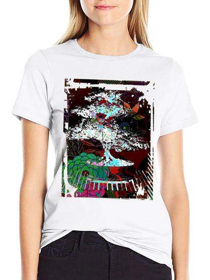 Camiseta Negra con Diseño de Bonsái Abstracto