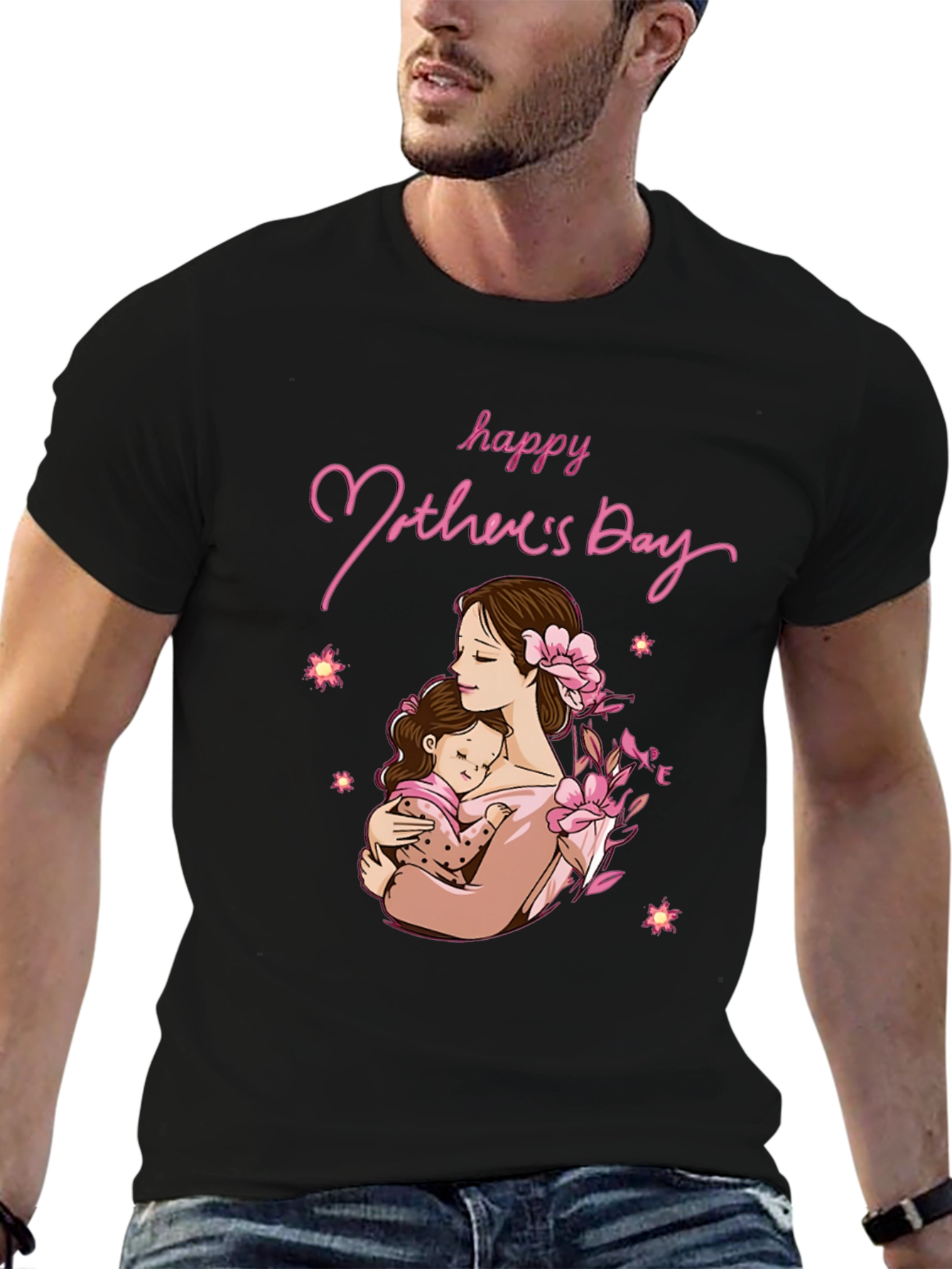 Camiseta Negra Feliz Día de la Madre Algodón