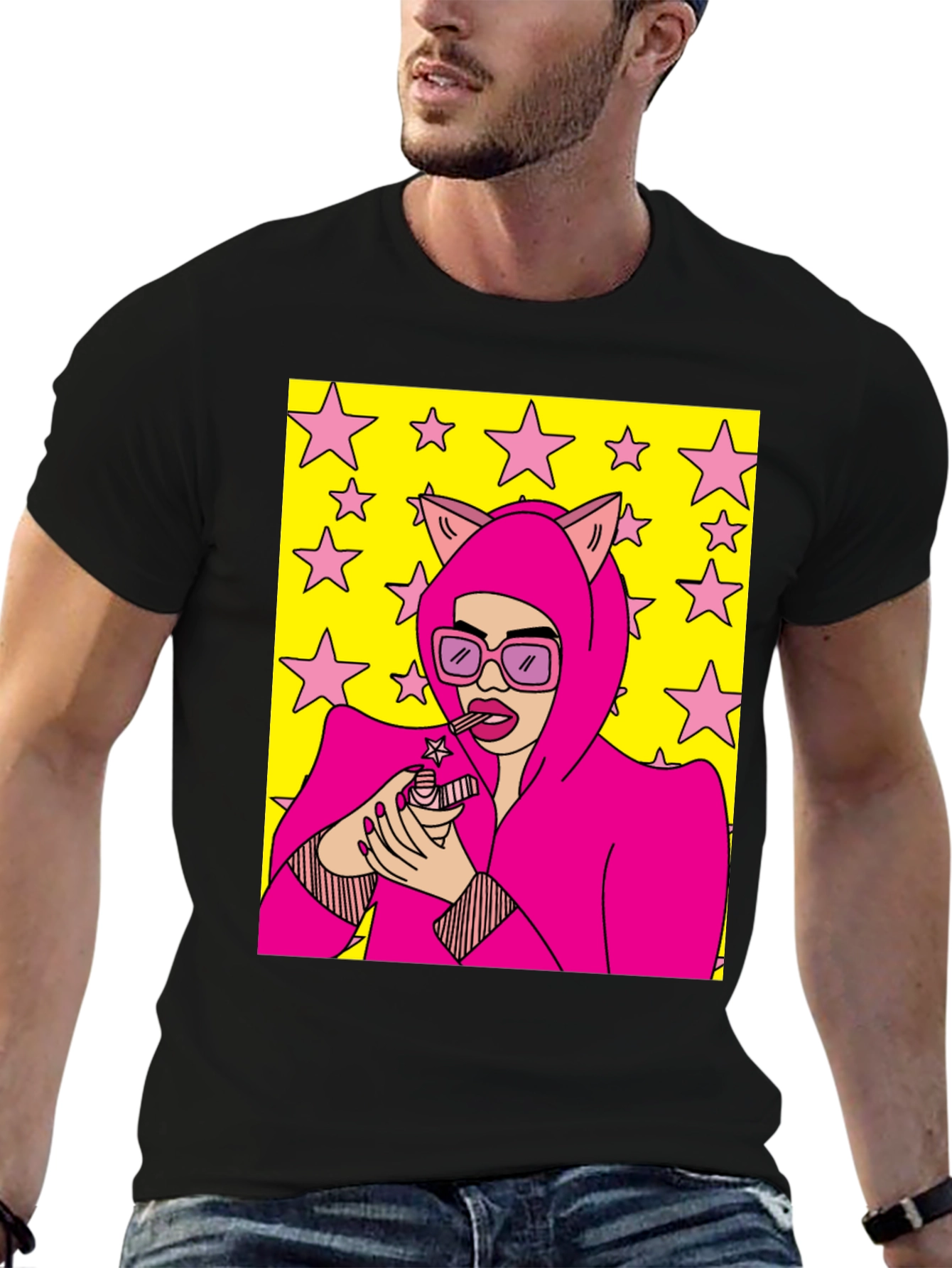 Camiseta Negra con Diseño Pop Art Femenino