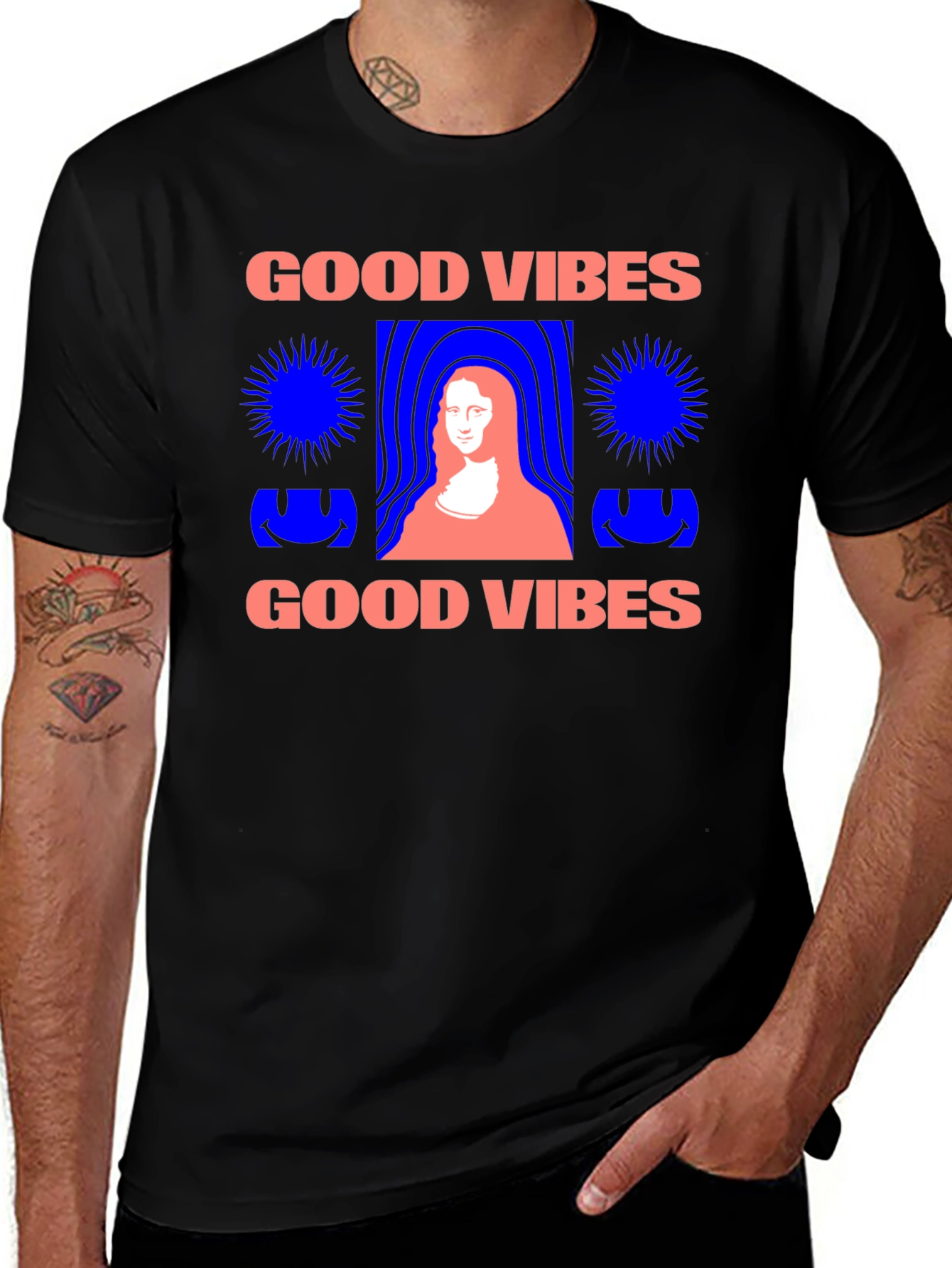 Camiseta Negra Good Vibes con Diseño Mona Lisa