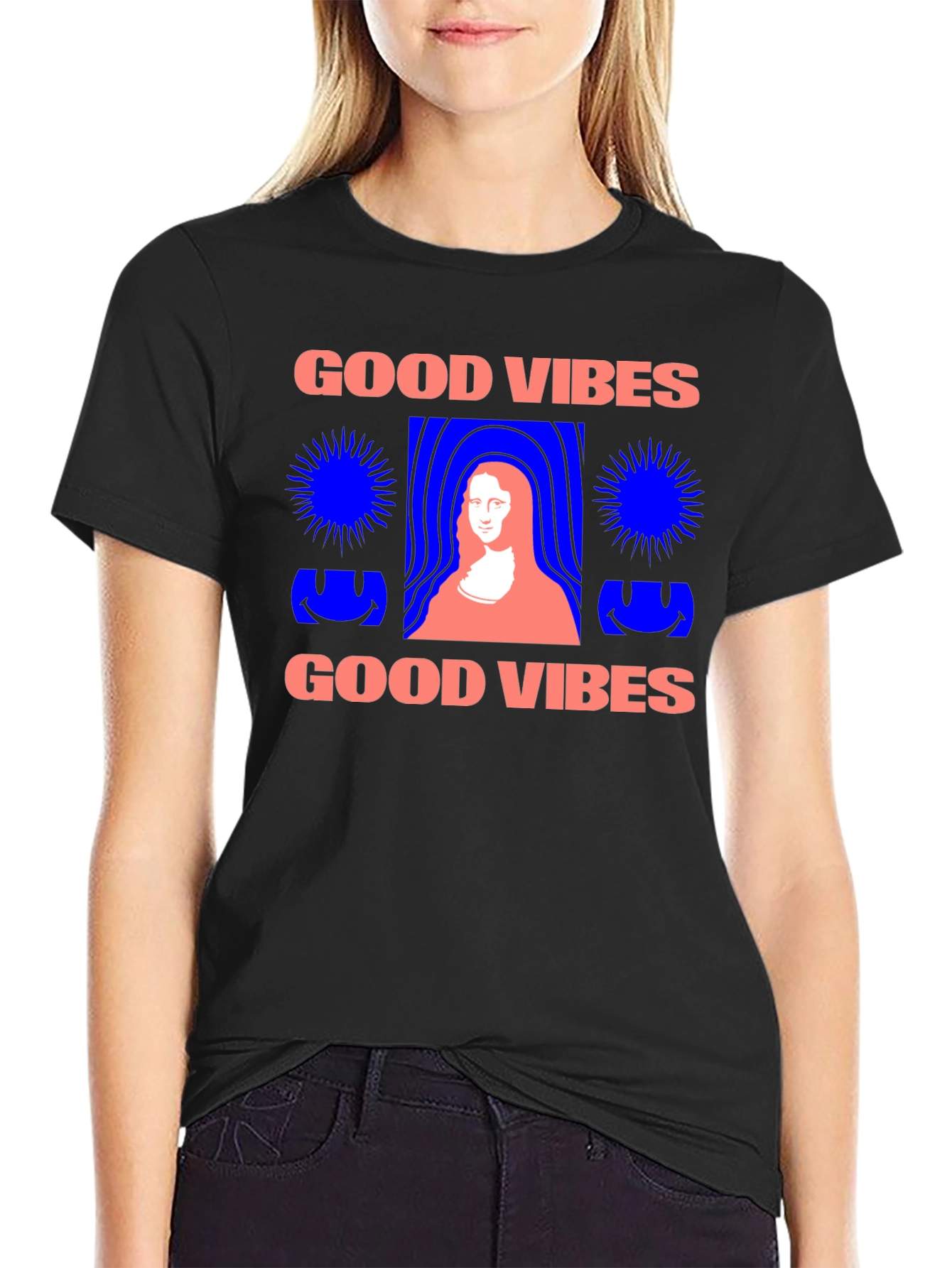 Camiseta Negra Good Vibes con Diseño Mona Lisa