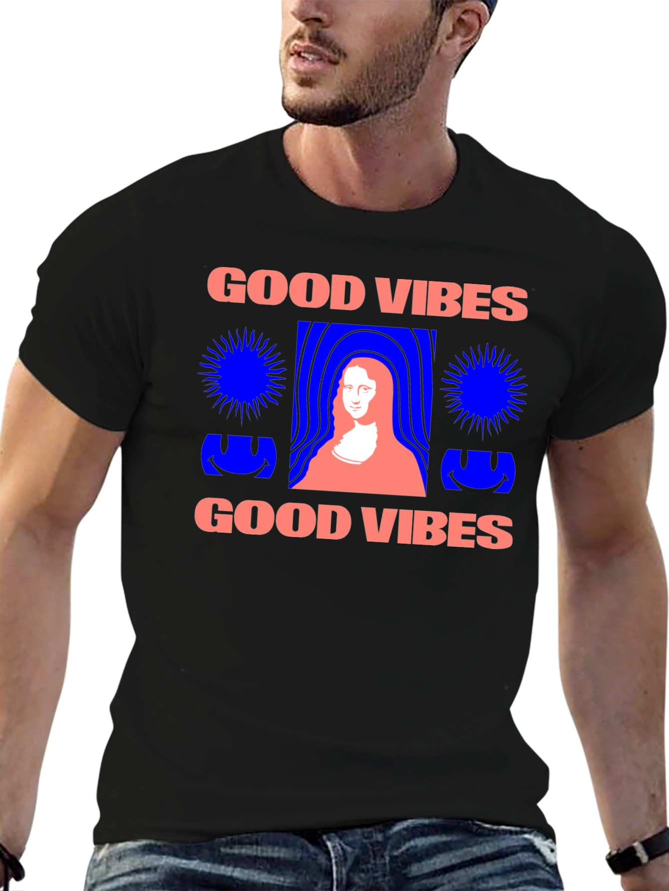 Camiseta Negra Good Vibes con Diseño Mona Lisa
