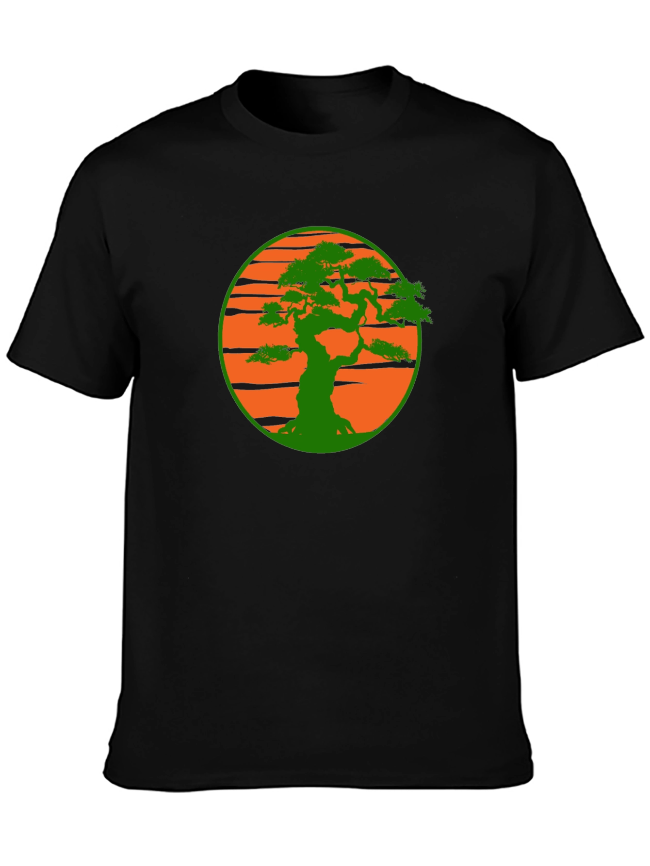 Camiseta Negra con Diseño Bonsái Sol Naranja