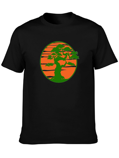 Camiseta Negra con Diseño Bonsái Sol Naranja