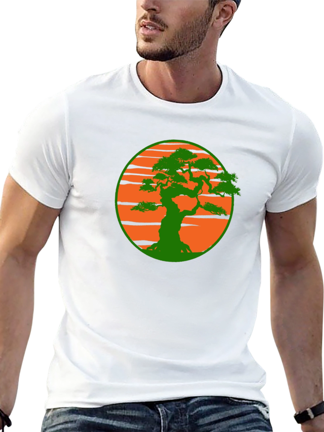 Camiseta Negra con Diseño Bonsái Sol Naranja
