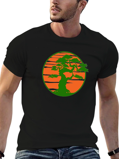 Camiseta Negra con Diseño Bonsái Sol Naranja