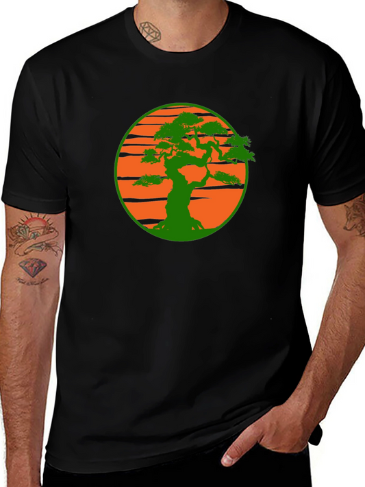 Camiseta Negra con Diseño Bonsái Sol Naranja