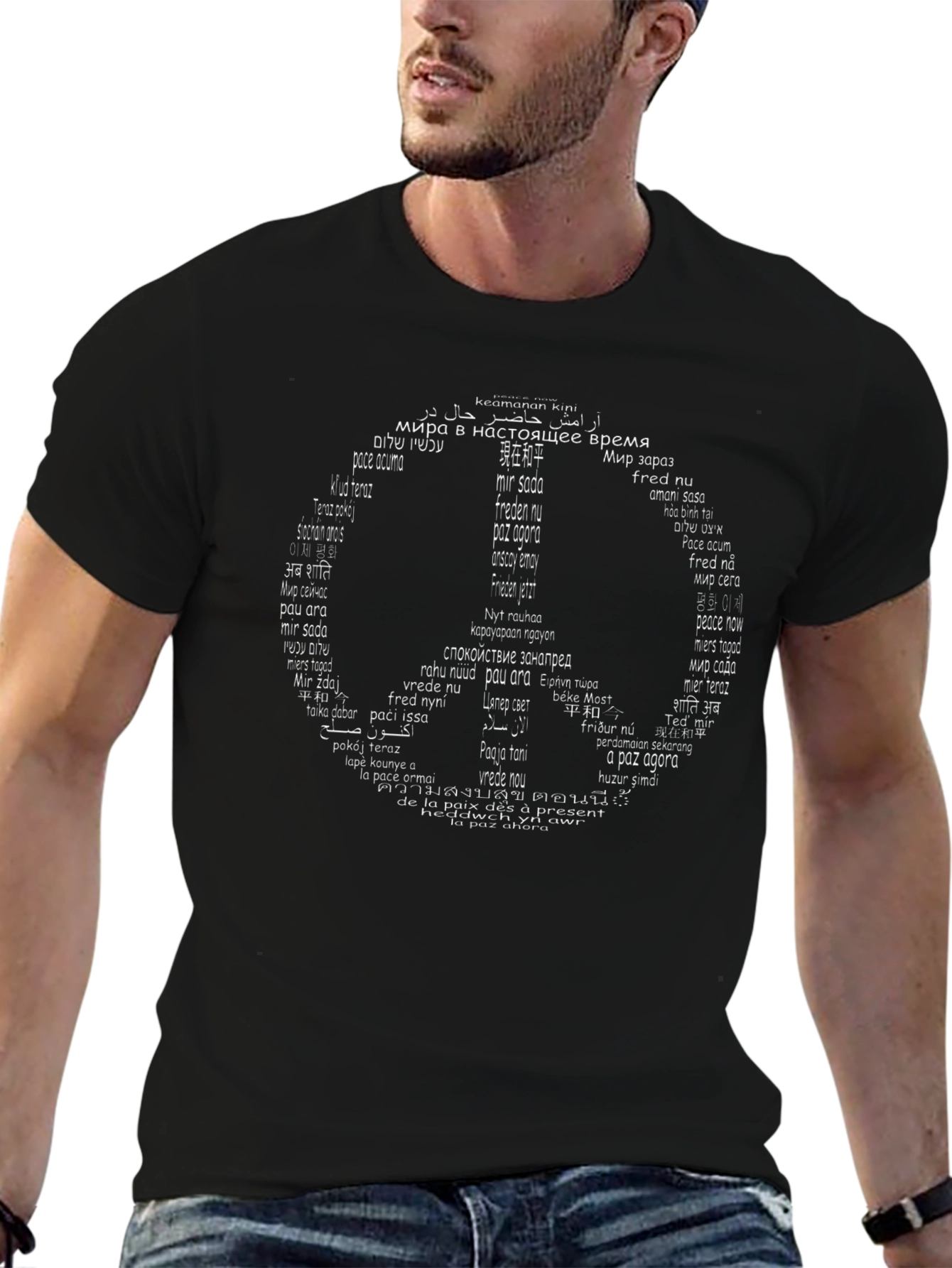 Camiseta Negra Peace Sign Idiomas