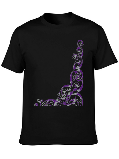 Camiseta Negra con Diseño Floral Abstracto Púrpura