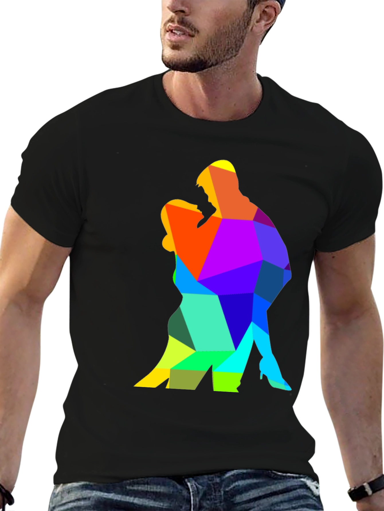 Camiseta Negra con Diseño Geométrico de Pareja Bailando
