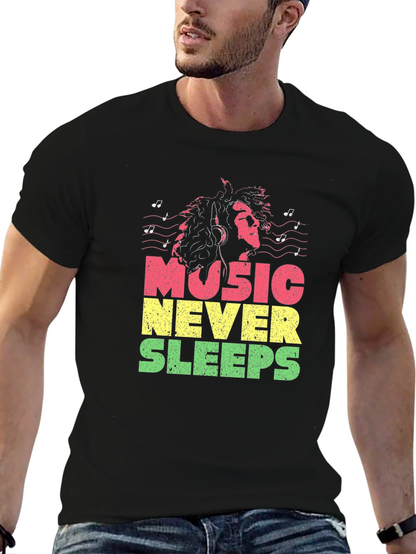 Camiseta Negra Music Never Sleeps Diseño Reggae