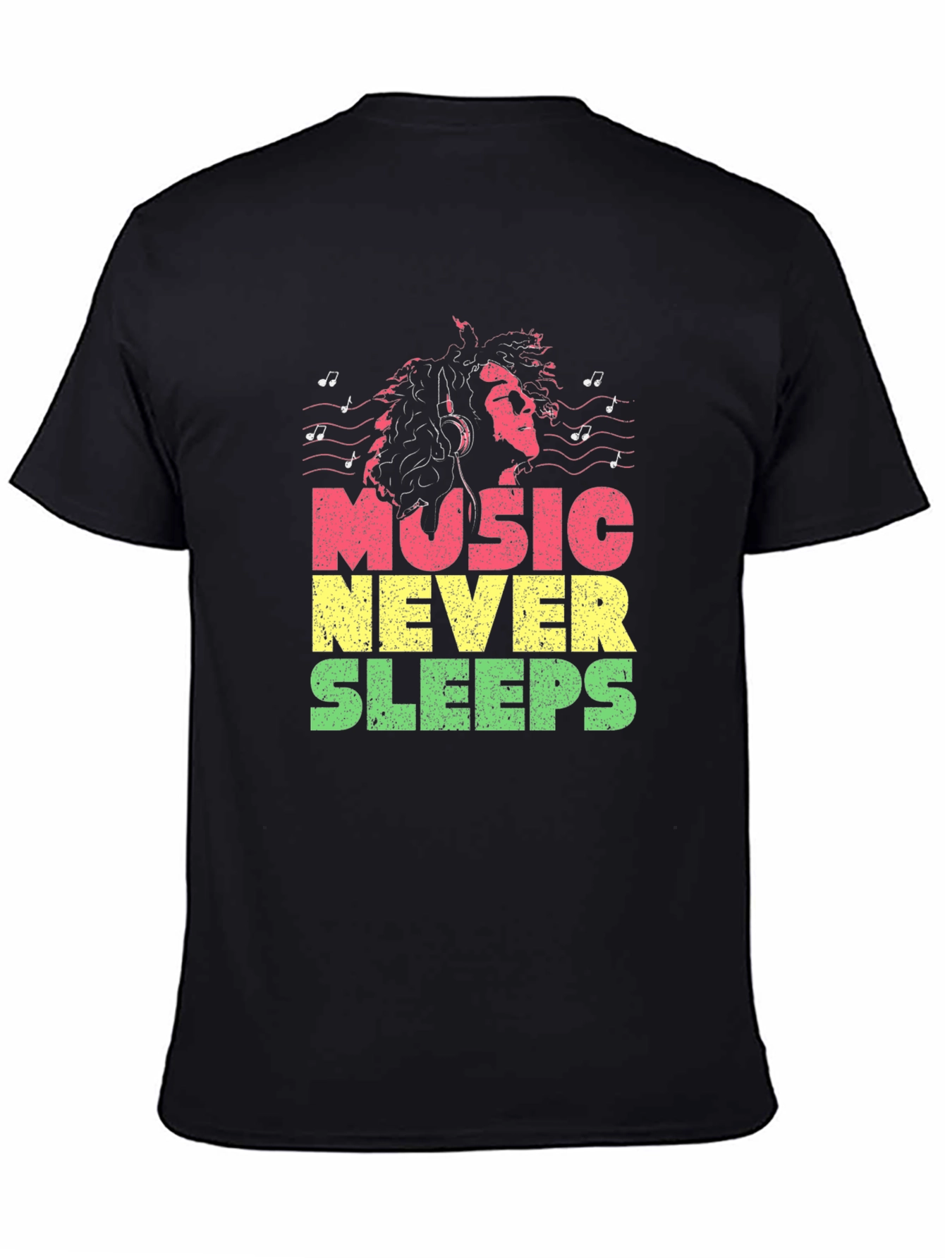 Camiseta Negra Music Never Sleeps Diseño Reggae