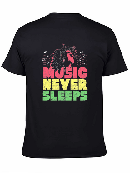 Camiseta Negra Music Never Sleeps Diseño Reggae