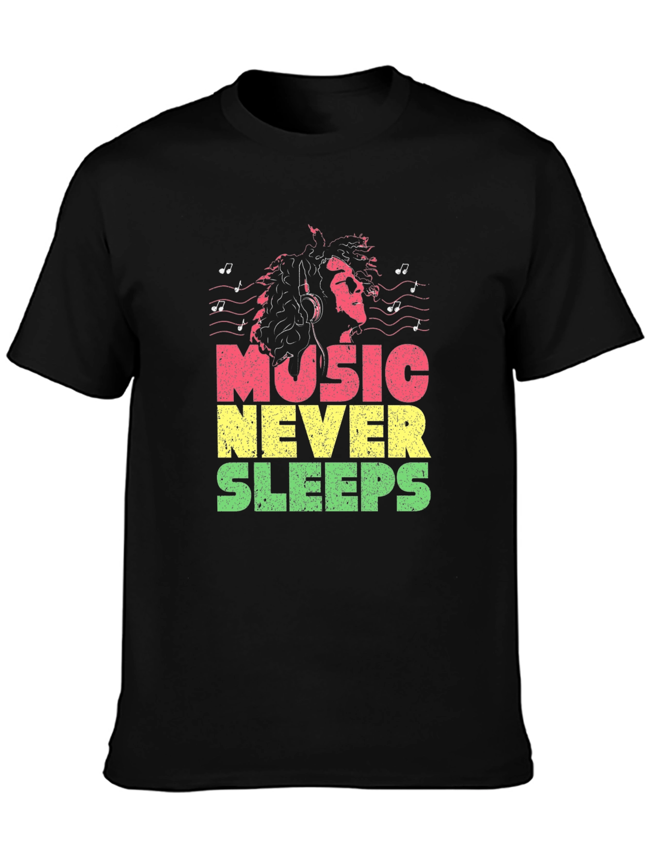 Camiseta Negra Music Never Sleeps Diseño Reggae