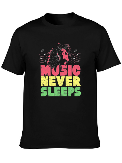 Camiseta Negra Music Never Sleeps Diseño Reggae