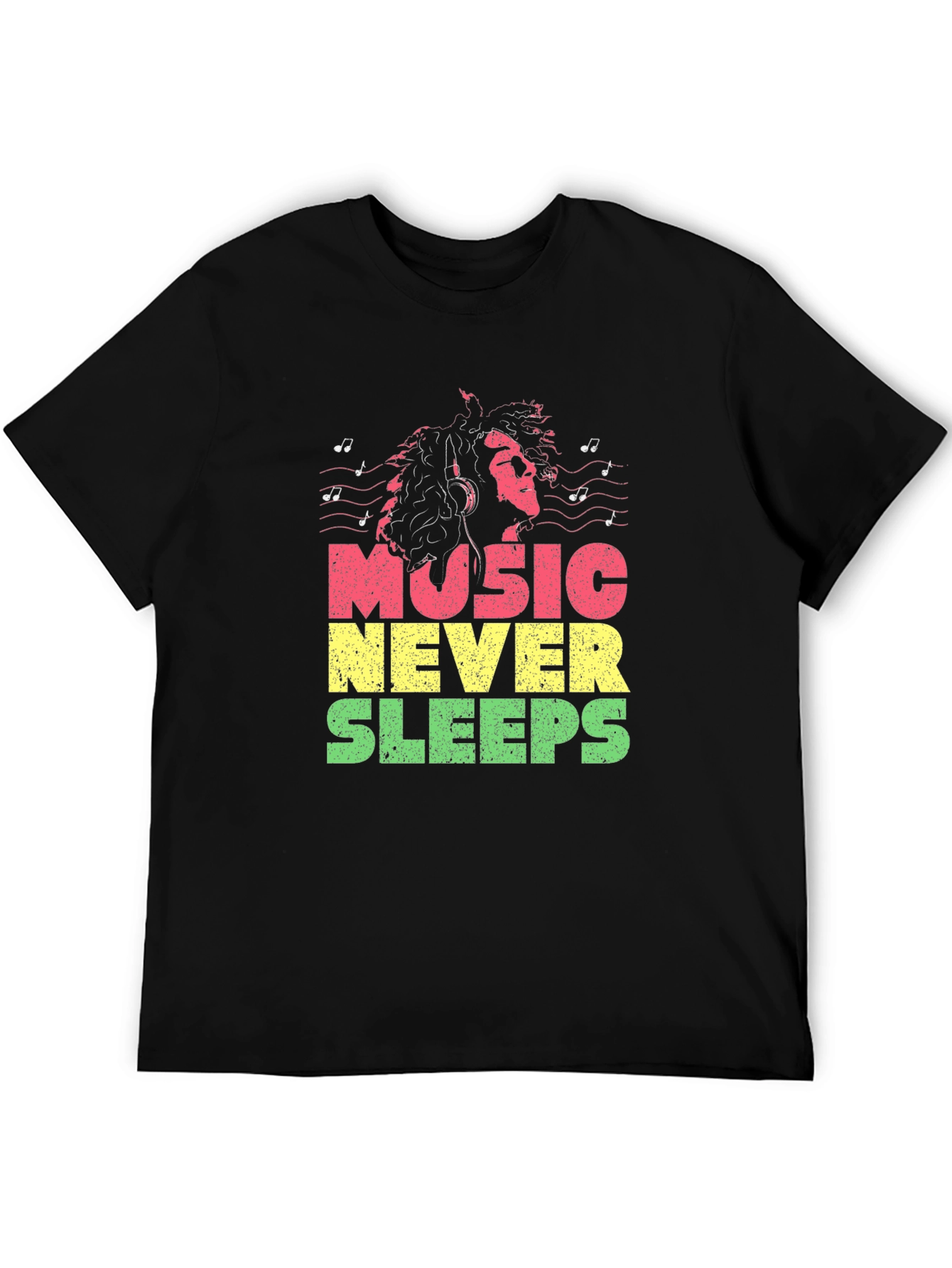 Camiseta Negra Music Never Sleeps Diseño Reggae