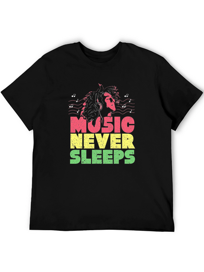 Camiseta Negra Music Never Sleeps Diseño Reggae