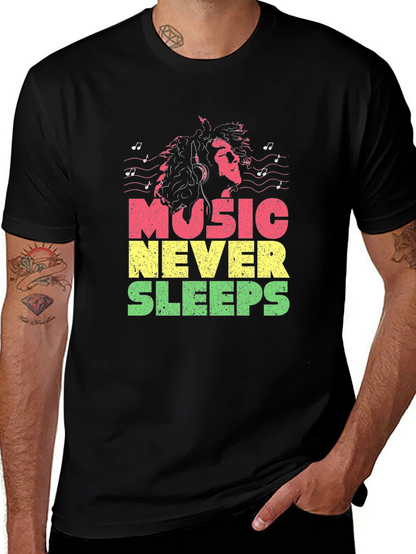 Camiseta Negra Music Never Sleeps Diseño Reggae