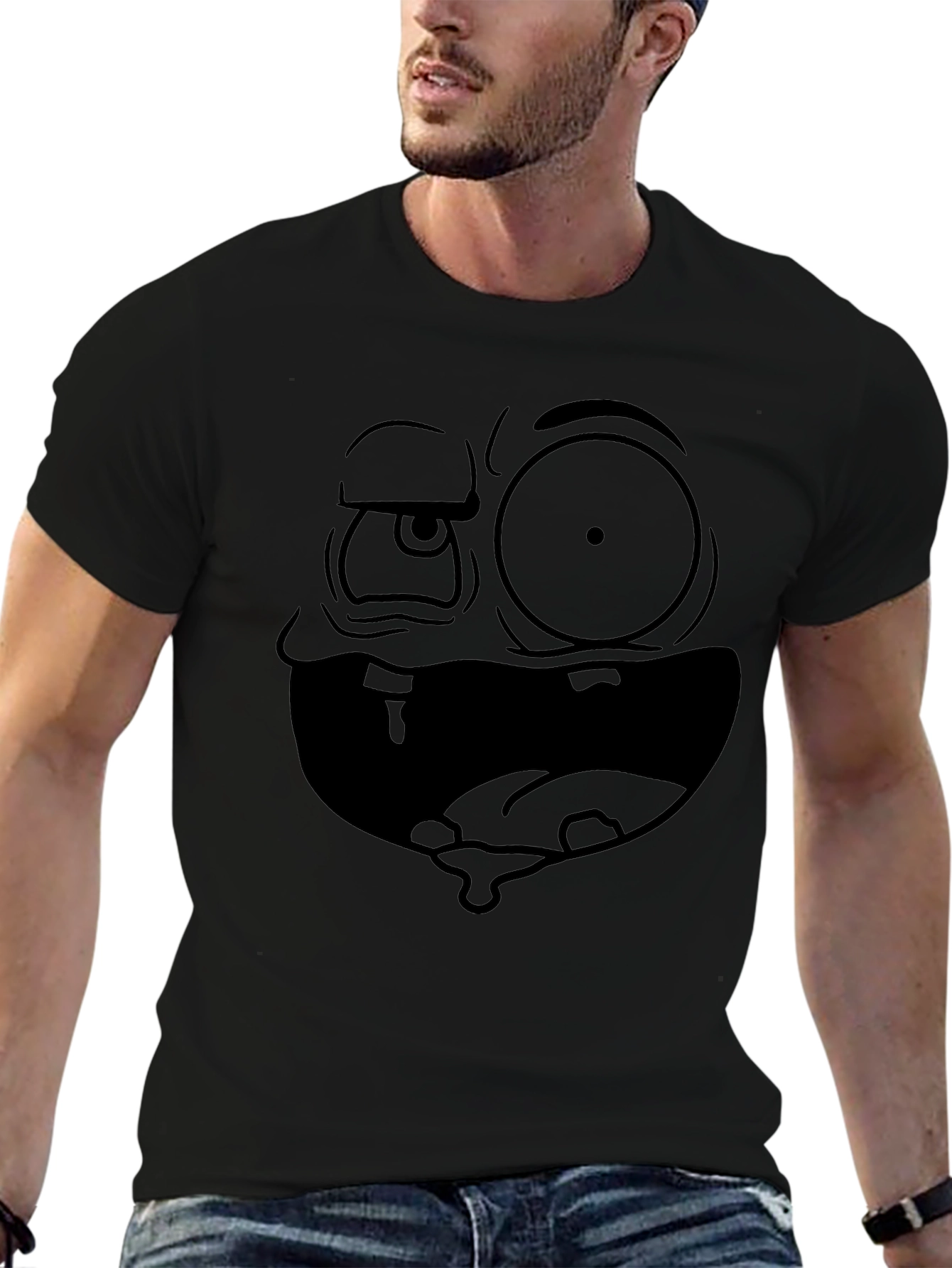 Camiseta Negra Hombre: Cara Dibujo Animado Expresiva