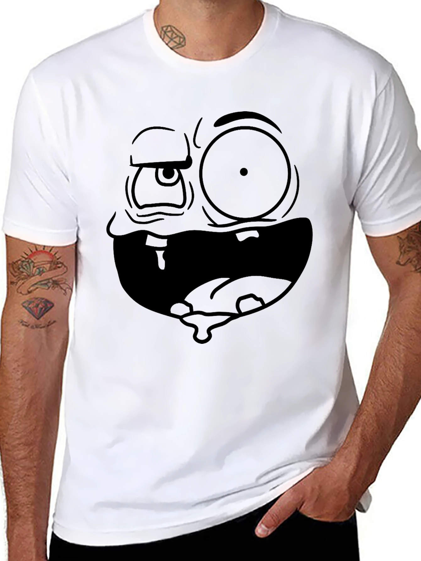 Camiseta Negra Hombre: Cara Dibujo Animado Expresiva