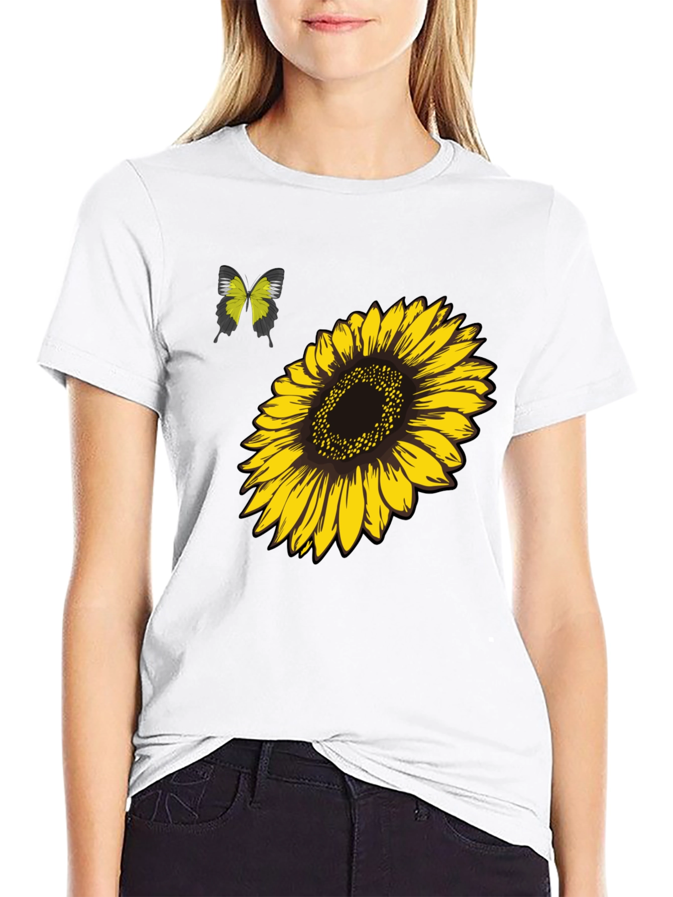 Camiseta Negra Girasol y Mariposa