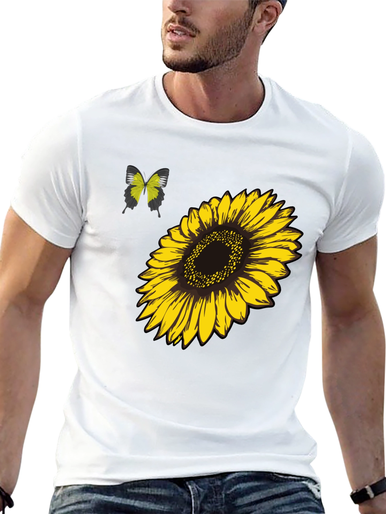 Camiseta Negra Girasol y Mariposa