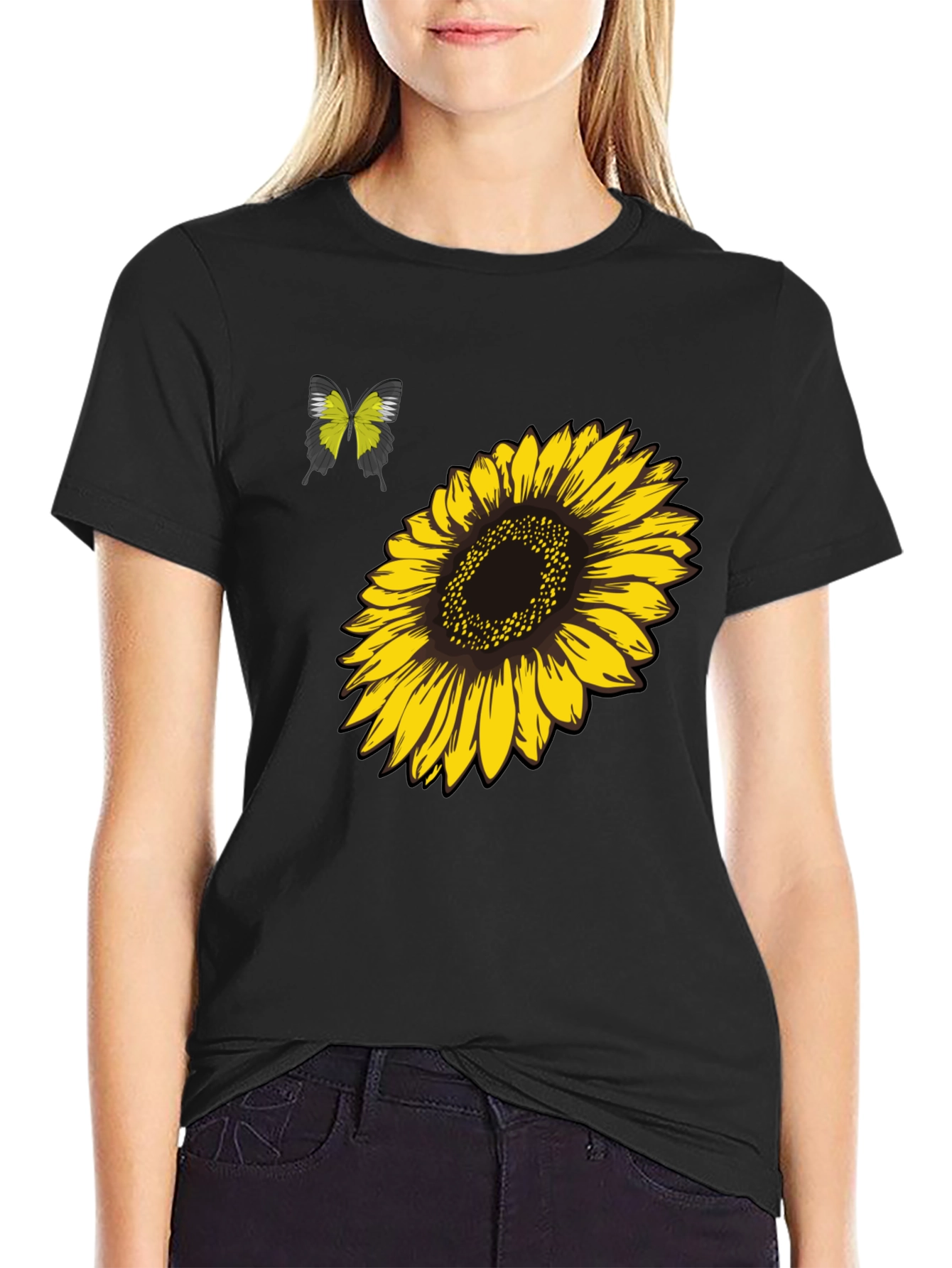 Camiseta Negra Girasol y Mariposa